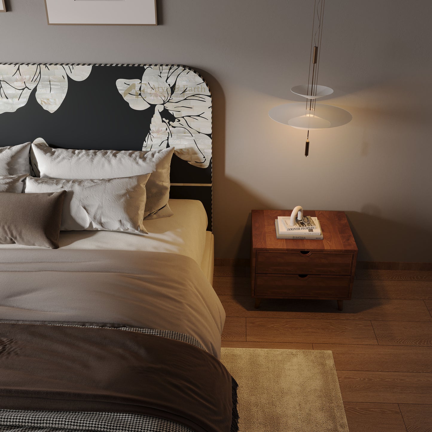 Bedroom with floral black headboard, wooden nightstand, and pendant light.