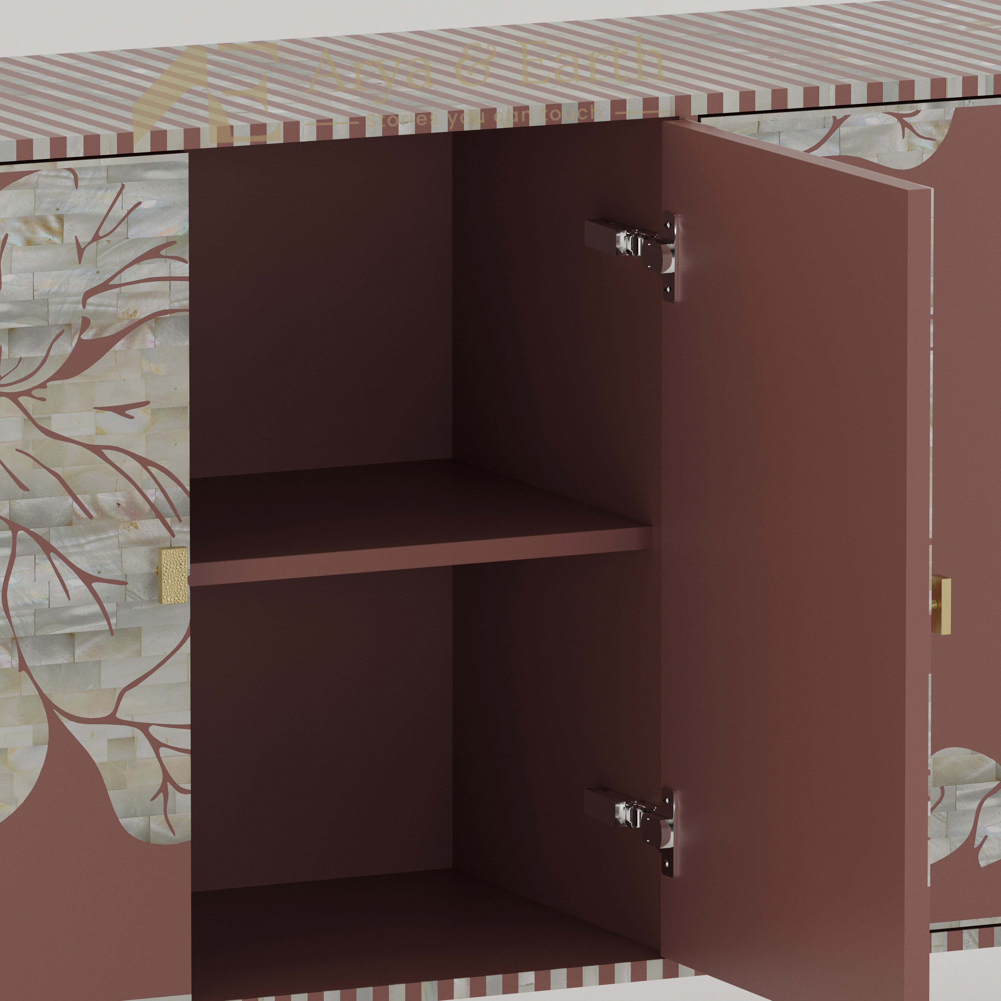 Bone inlay terracotta cabinet with open door showing interior shelves 