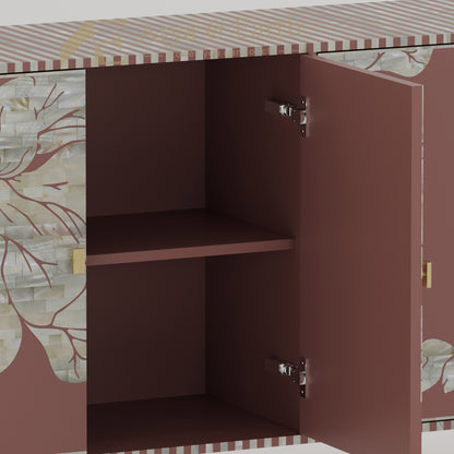 Bone inlay terracotta cabinet with open door showing interior shelves 