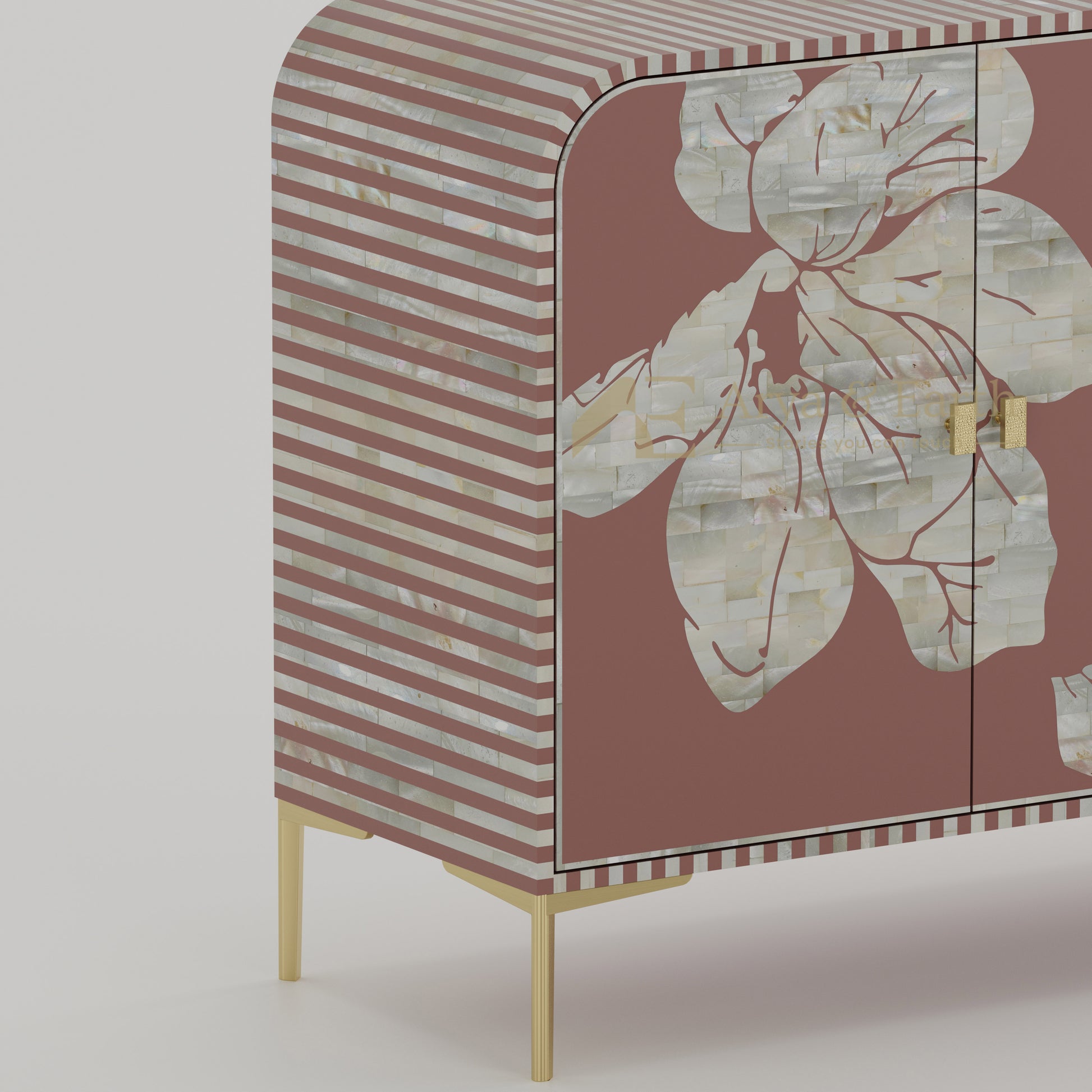 Bone inlay terracotta cabinet with open door showing interior shelves 