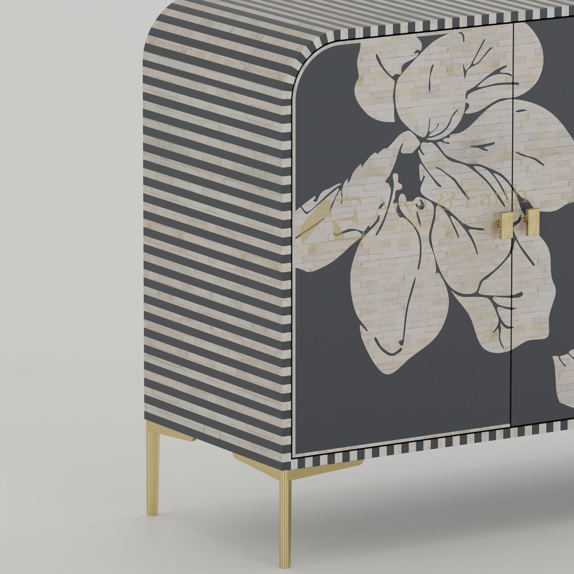 Closeup of Bone inlay texture on a grey cabinet with stripe design