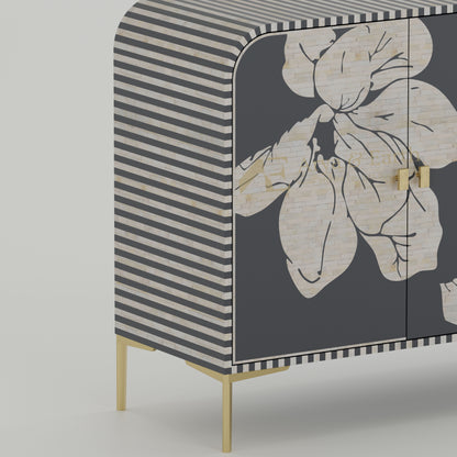 Closeup of Bone inlay texture on a grey cabinet with stripe design