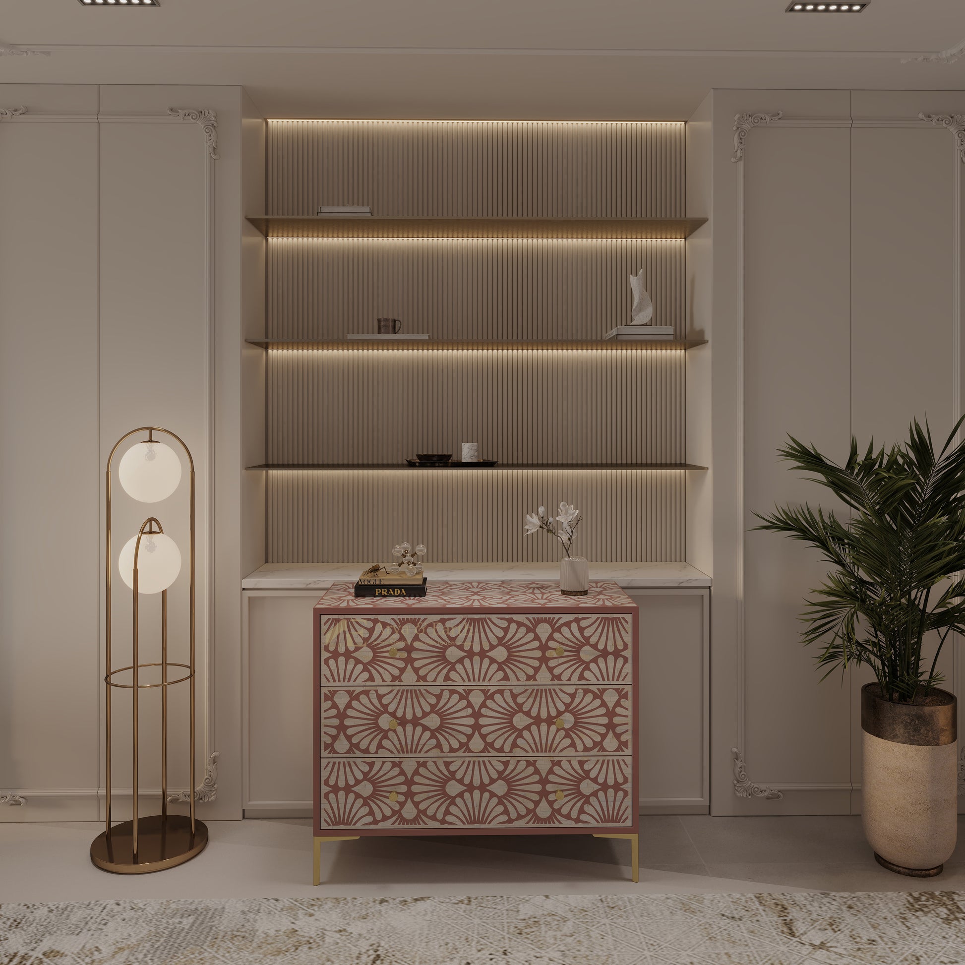 Decorative interior setting with a geometric drawer cabinet, floor lamp, and plant.