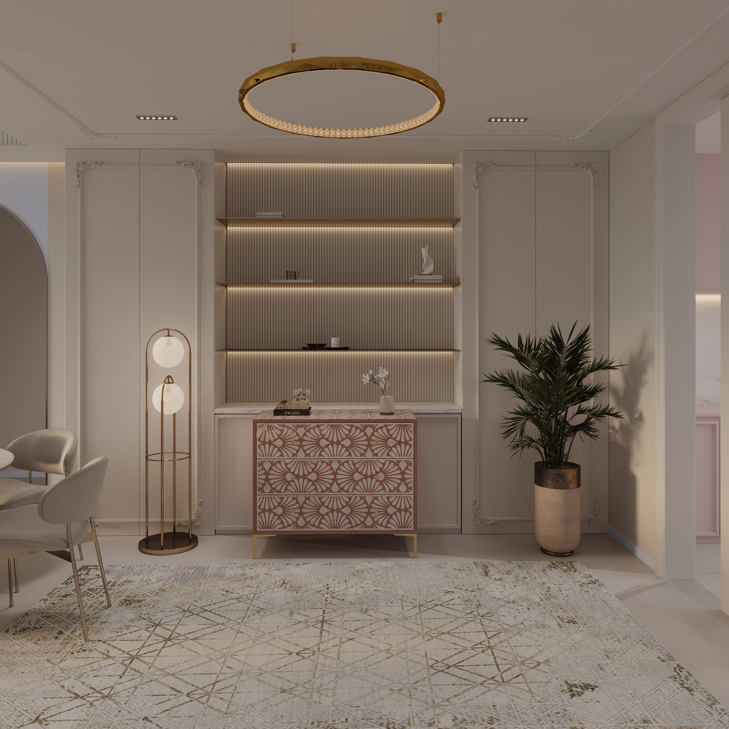 Modern interior design with a bone inlay dresser, shelves, and a plant.