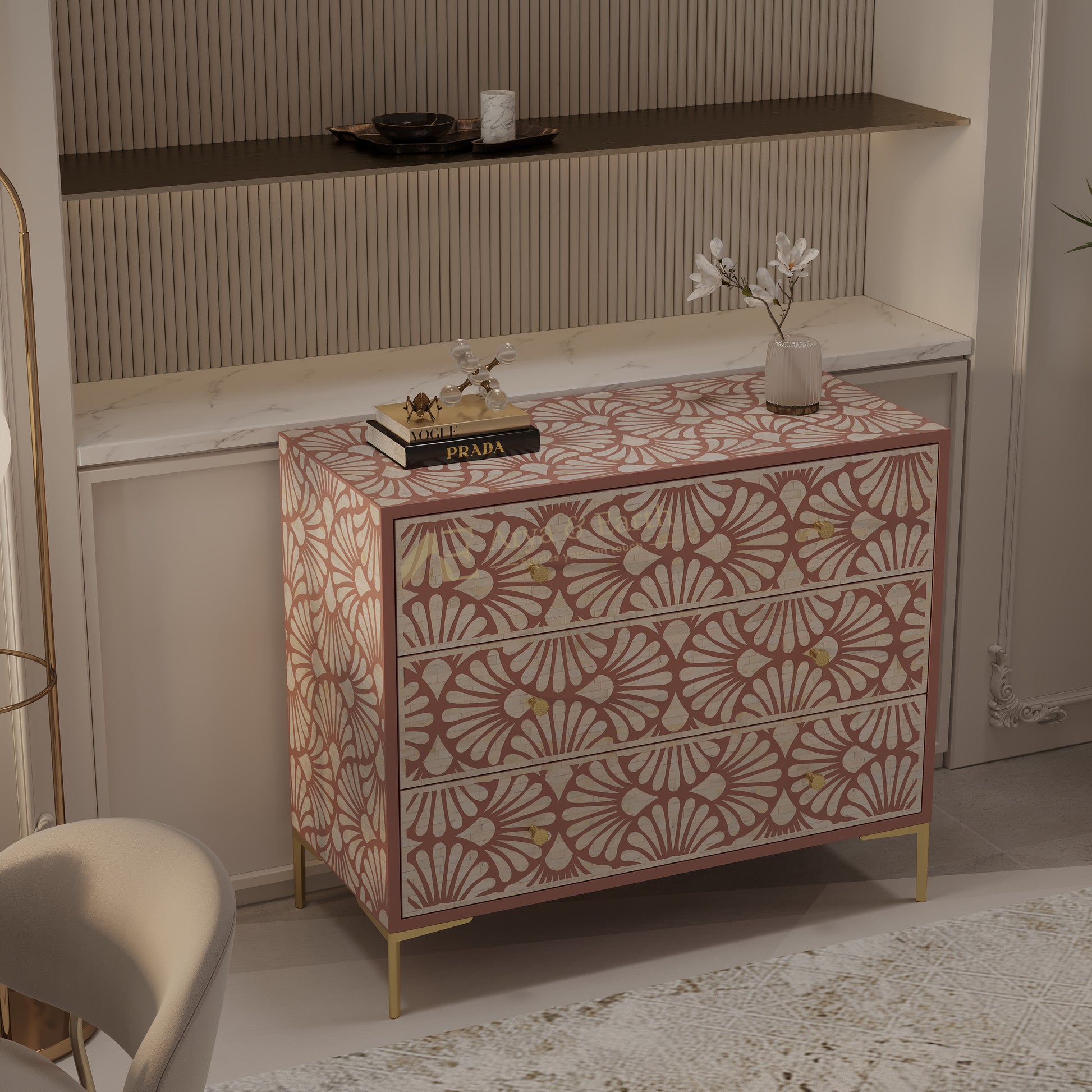 Bone Inlay chest of drawers with a geometric pattern in a room setting.