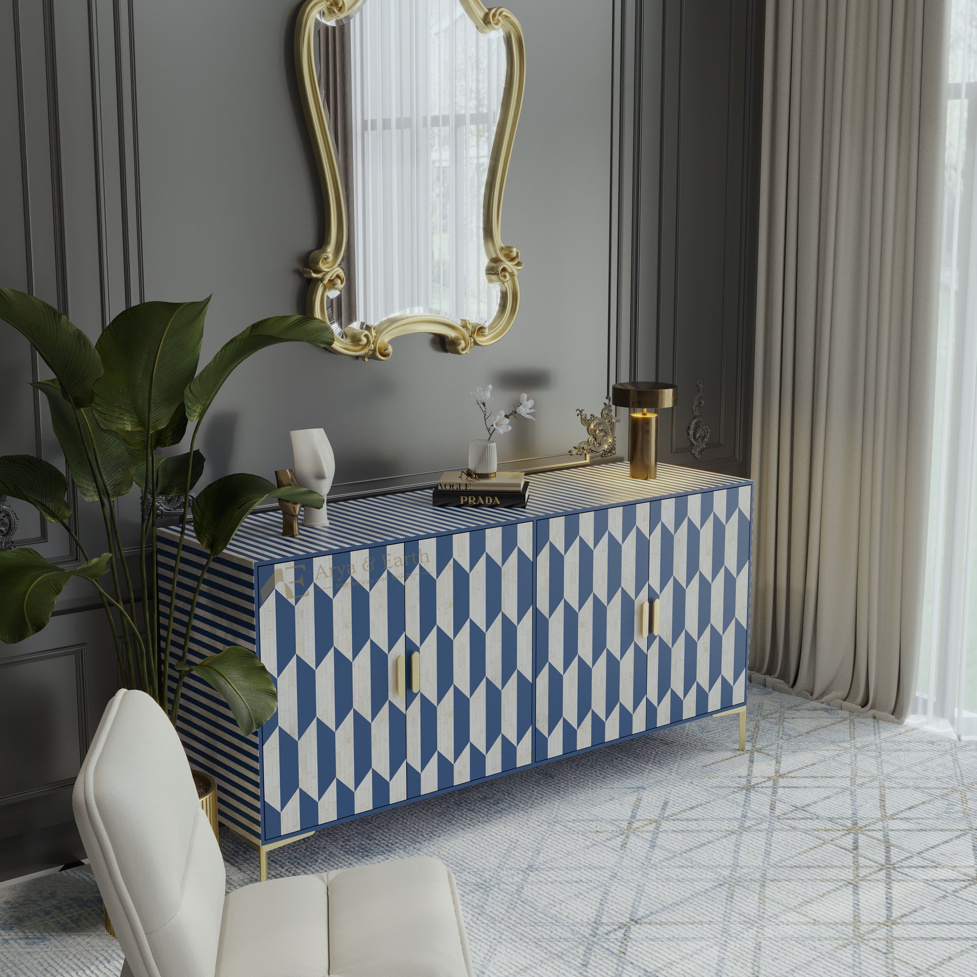 bone inlay blue and white patterned cabinet with a gold-framed mirror in a stylish room.