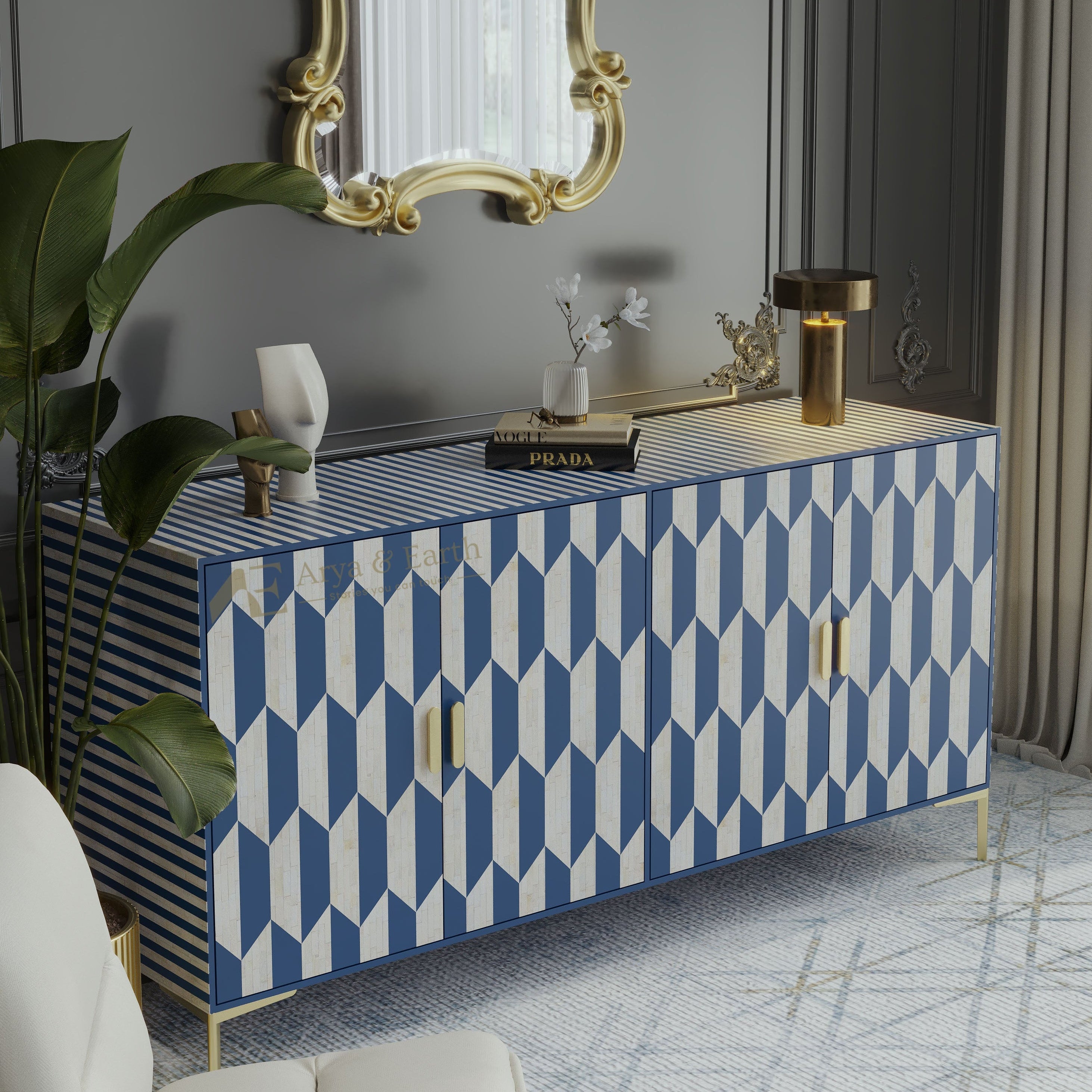 bone inlay blue and white patterned cabinet with a gold-framed mirror in a stylish room.