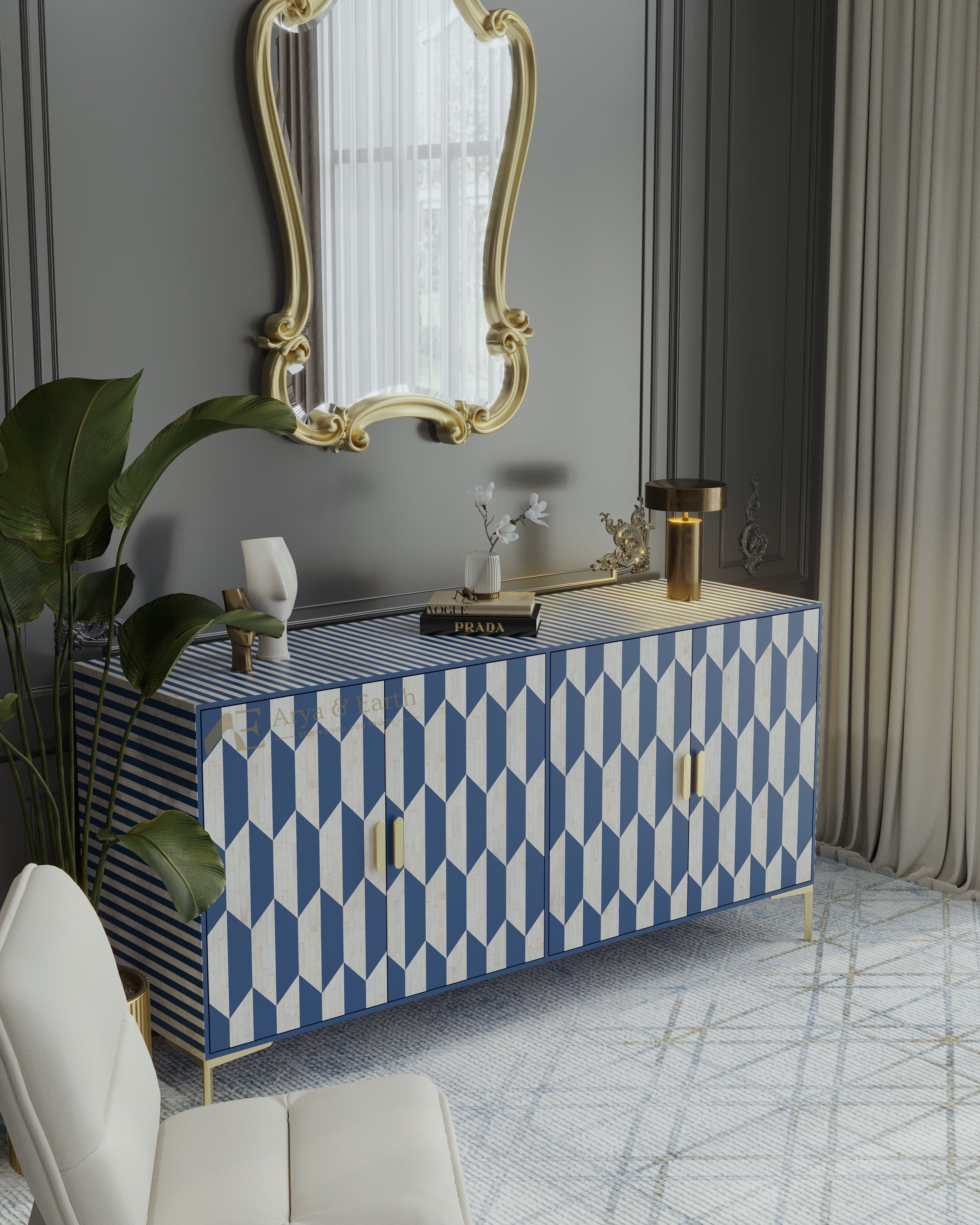 bone inlay blue and white patterned cabinet with a gold-framed mirror in a stylish room.