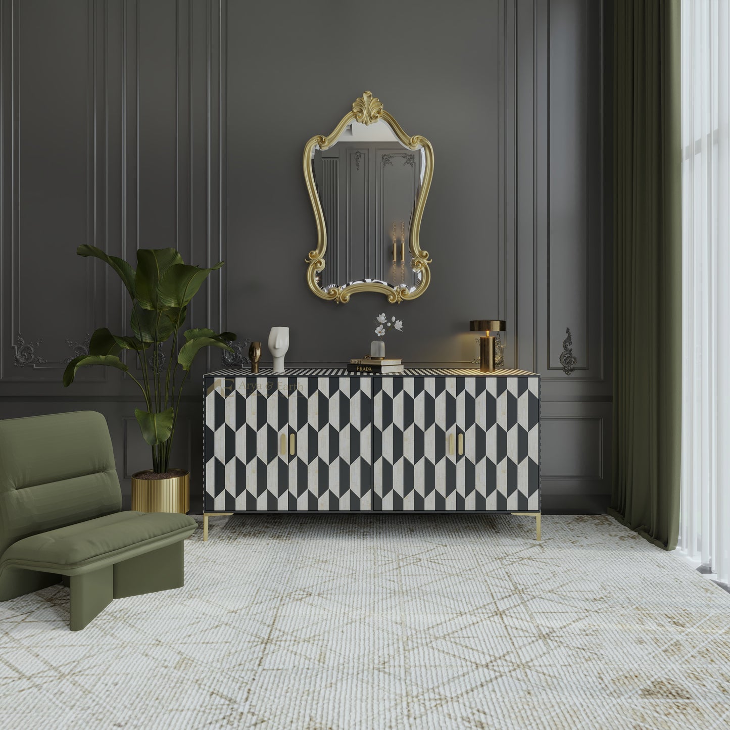 Art Deco style Modern interior with a black and white patterned cabinet, gold-framed mirror, and green sofa.