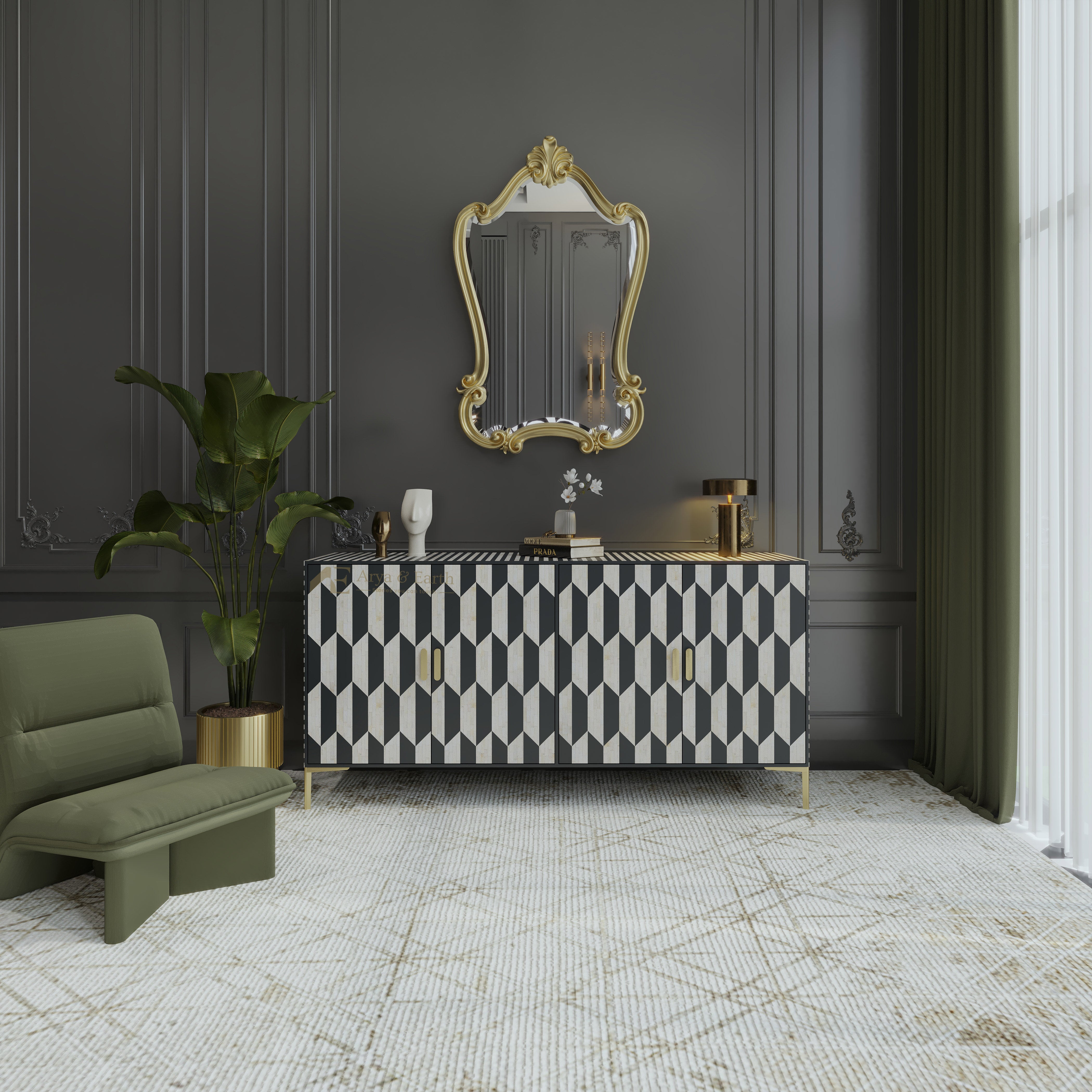 Art Deco style Modern interior with a black and white patterned cabinet, gold-framed mirror, and green sofa.
