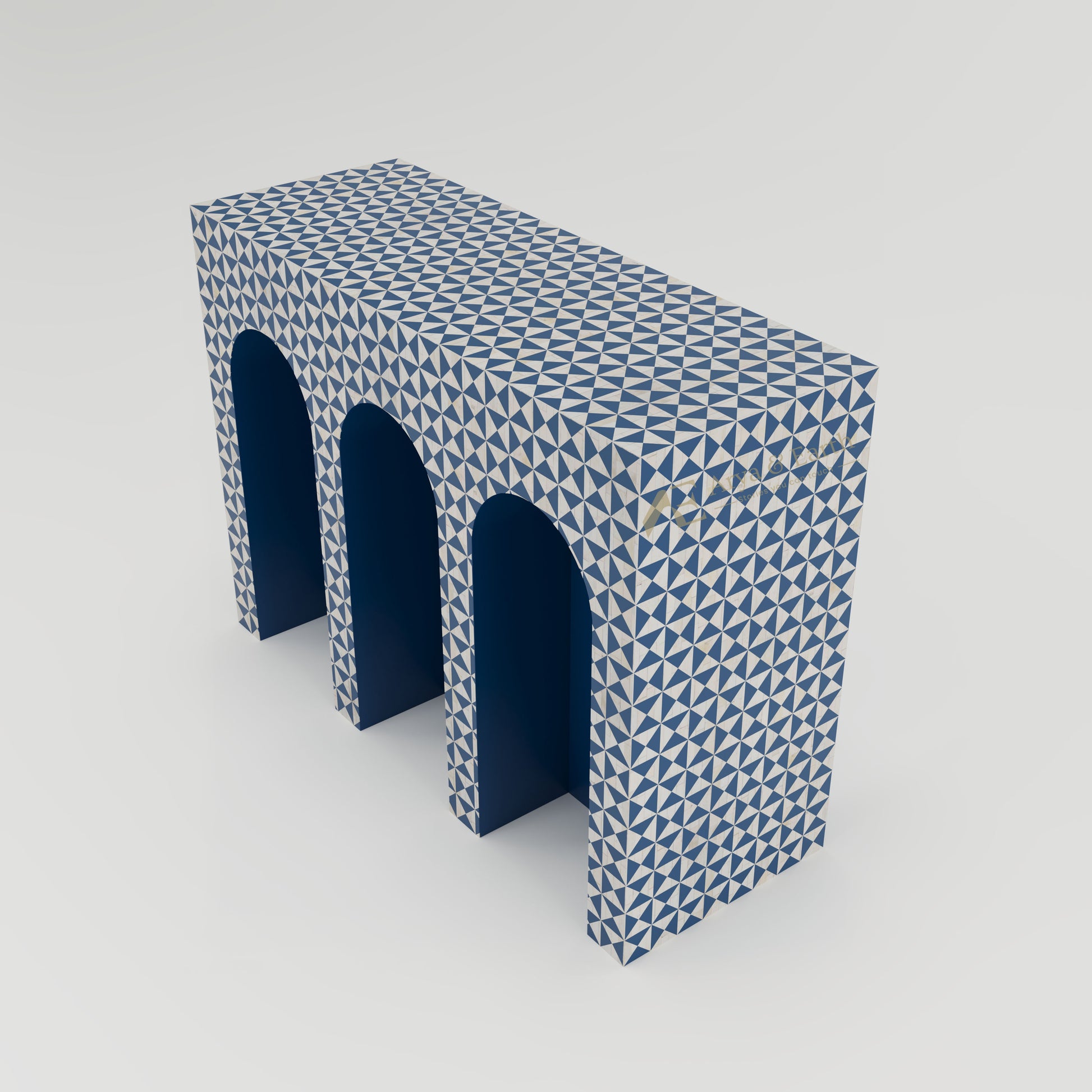 top view of bone inlay arched console table with blue geometric triangular pattern.