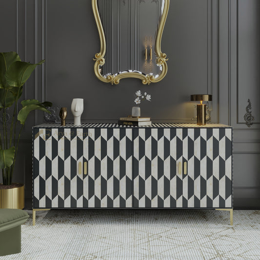 Monochromatic bone inlay sideboard with geometric pattern in a stylish room with mirror and plants.