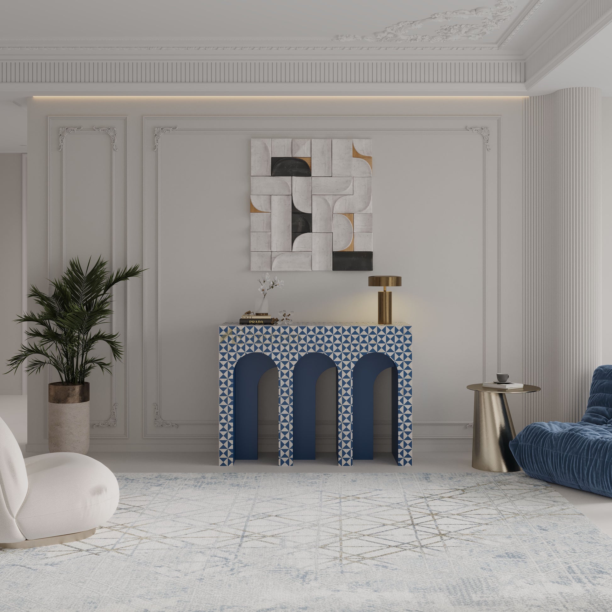 Modern living room with a blue geometric  console console table, abstract wall art, and stylish furniture.