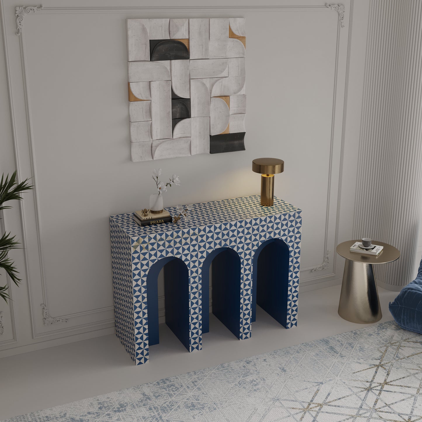 blue bone inlay console table with geometric pattern in a stylish room setting.