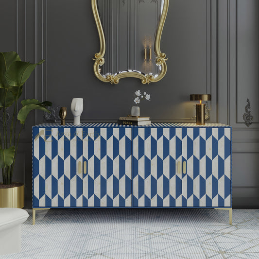 Bone inlay cabinet with blue and white geometric pattern in a stylish room.