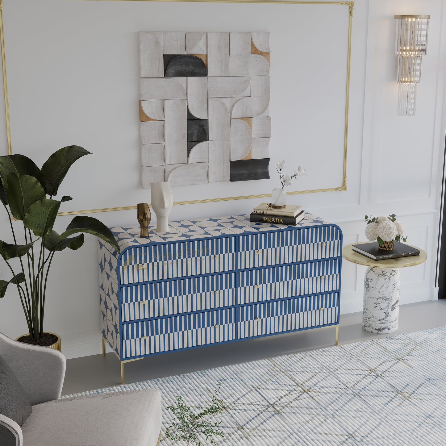 Modern interior with a blue and white patterned dresser, abstract art, and decorative items.