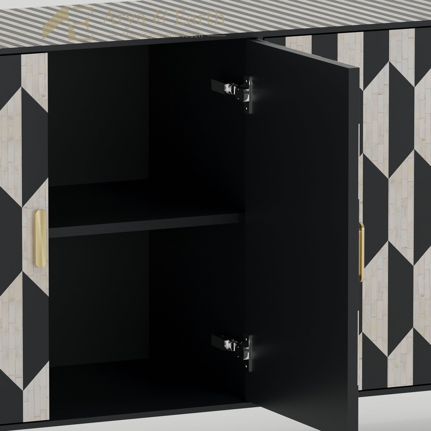 internal shelf of a black and white cabinet