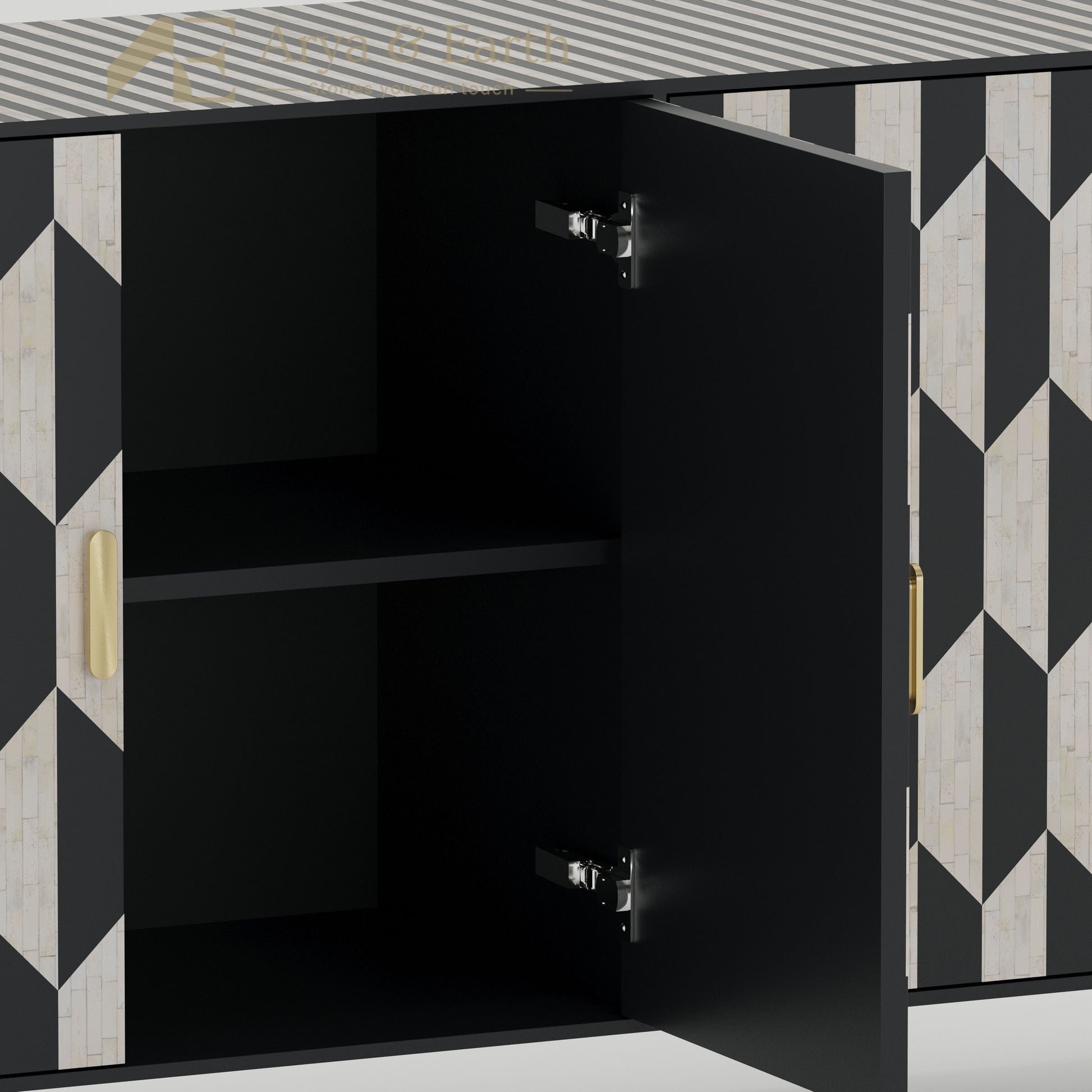 internal shelf of a black and white cabinet