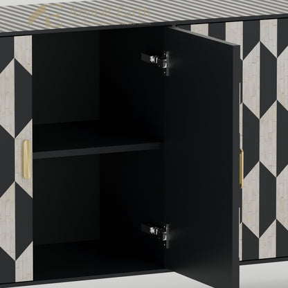 internal shelf of a black and white cabinet