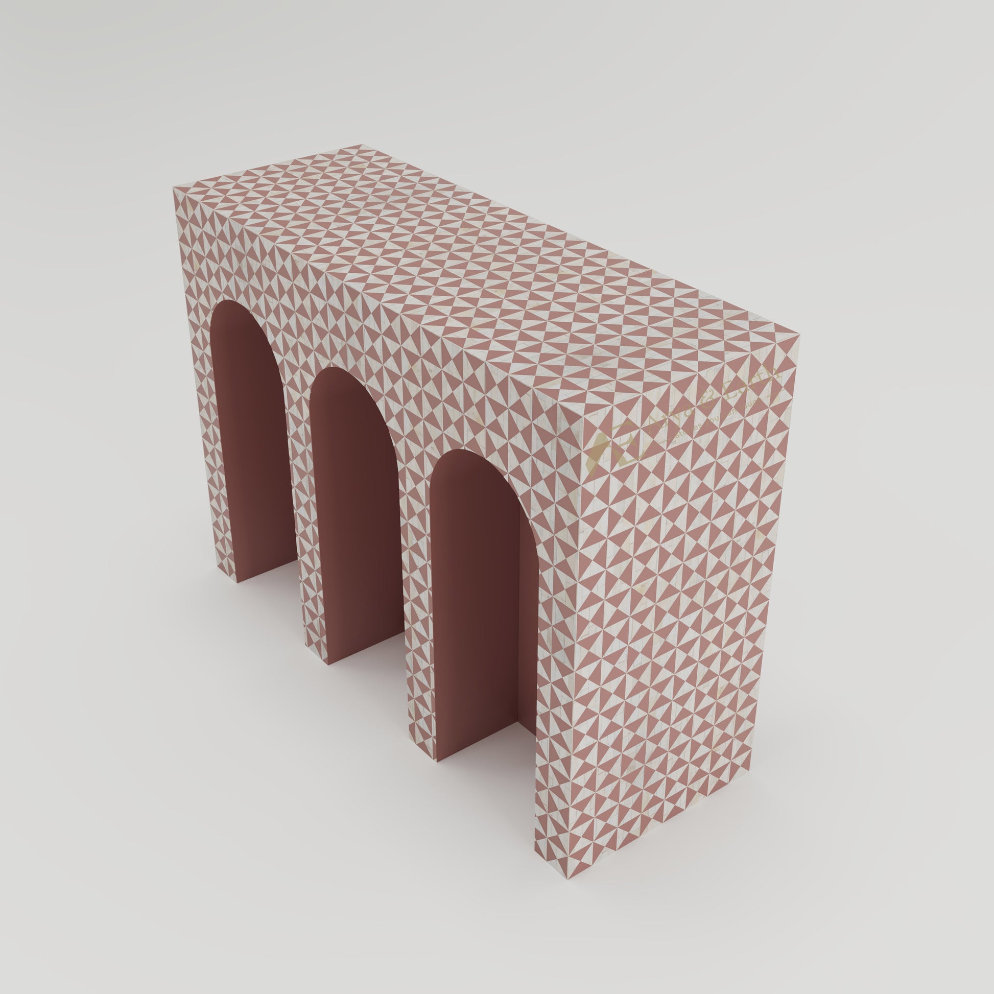 top view of bone inlay arched console table with terracotta geometric triangular pattern.