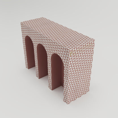 top view of bone inlay arched console table with terracotta geometric triangular pattern.