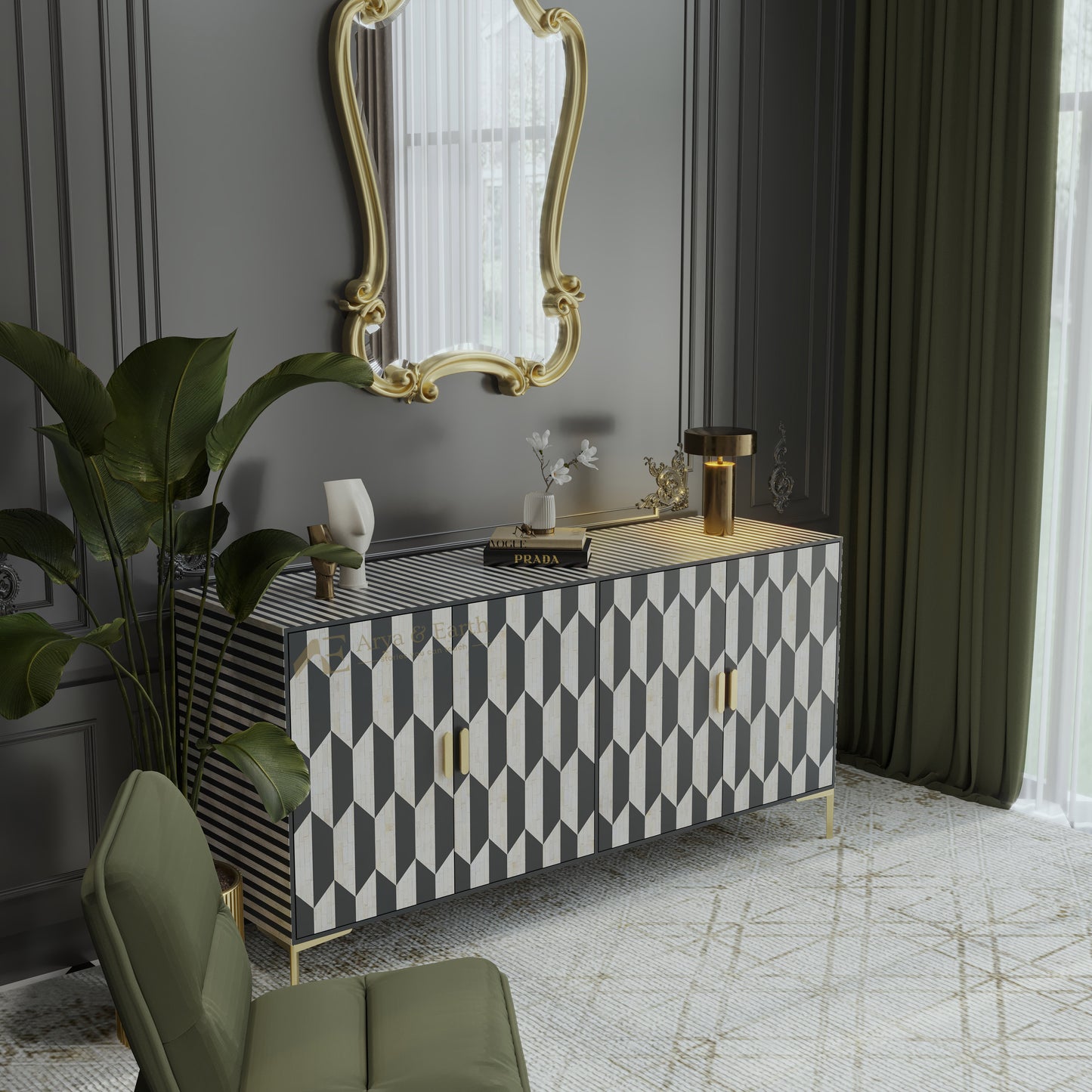 Bone inlay sideboard with geometric pattern in a stylish room with a mirror and plant.