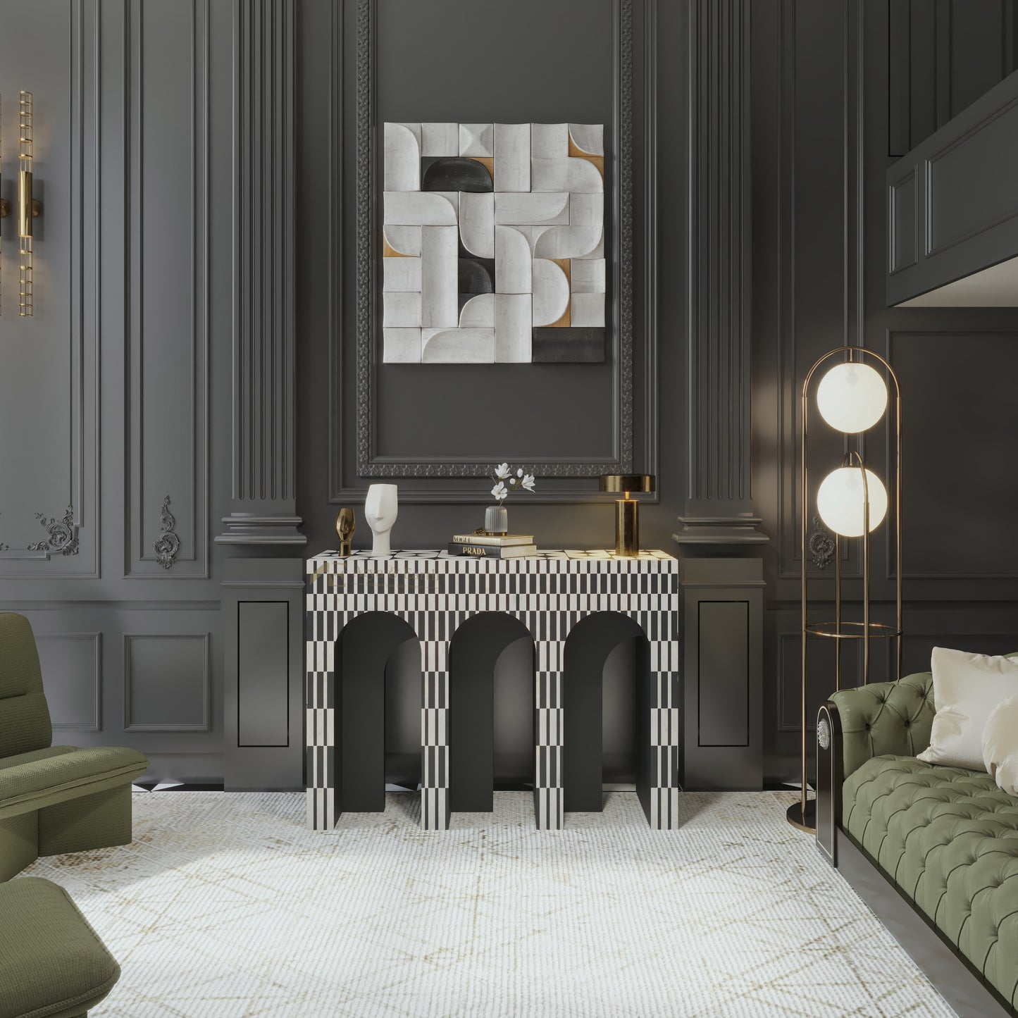 art deco style Modern living room with dark walls, an arched console table, and decorative elements.