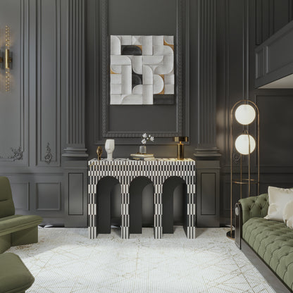 art deco style Modern living room with dark walls, an arched console table, and decorative elements.