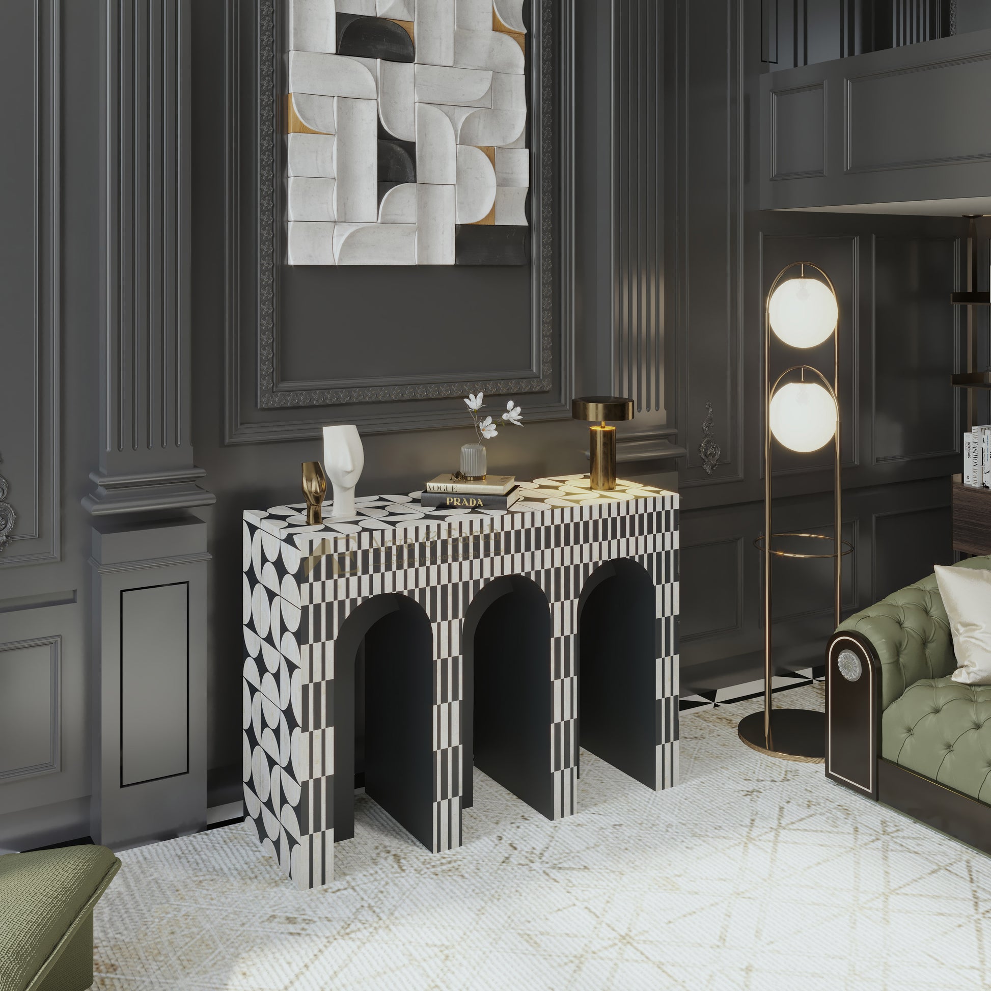 Modern interior with a monochromatic bone inlay console table, lamp, and wall art.