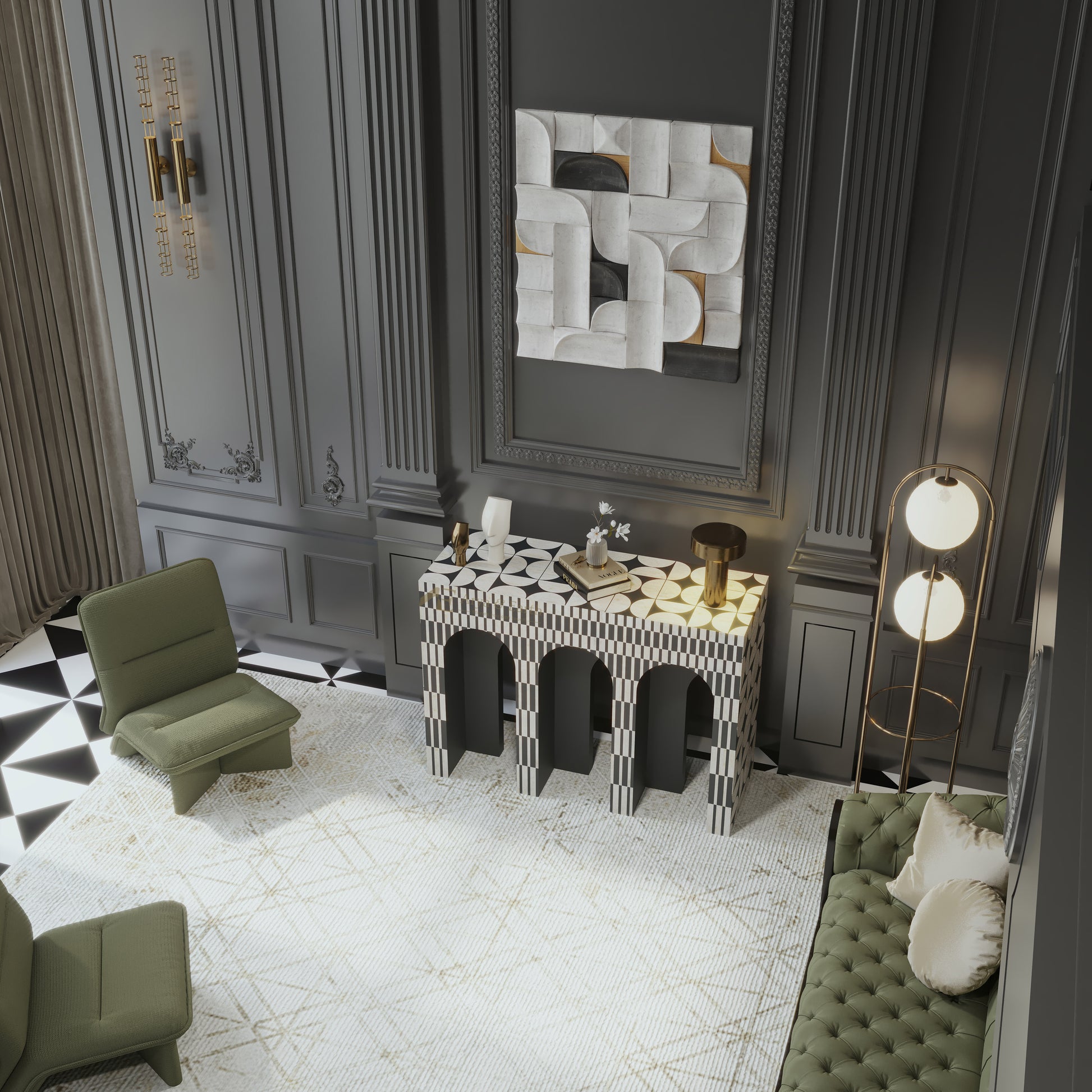 Art deco style Modern interior design with a geometric patterned hallway table, green sofa, and abstract art on grey walls.