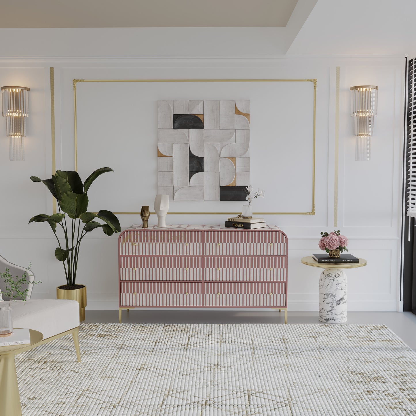 Modern living room with a geometric sideboard, abstract art, and decorative elements.
