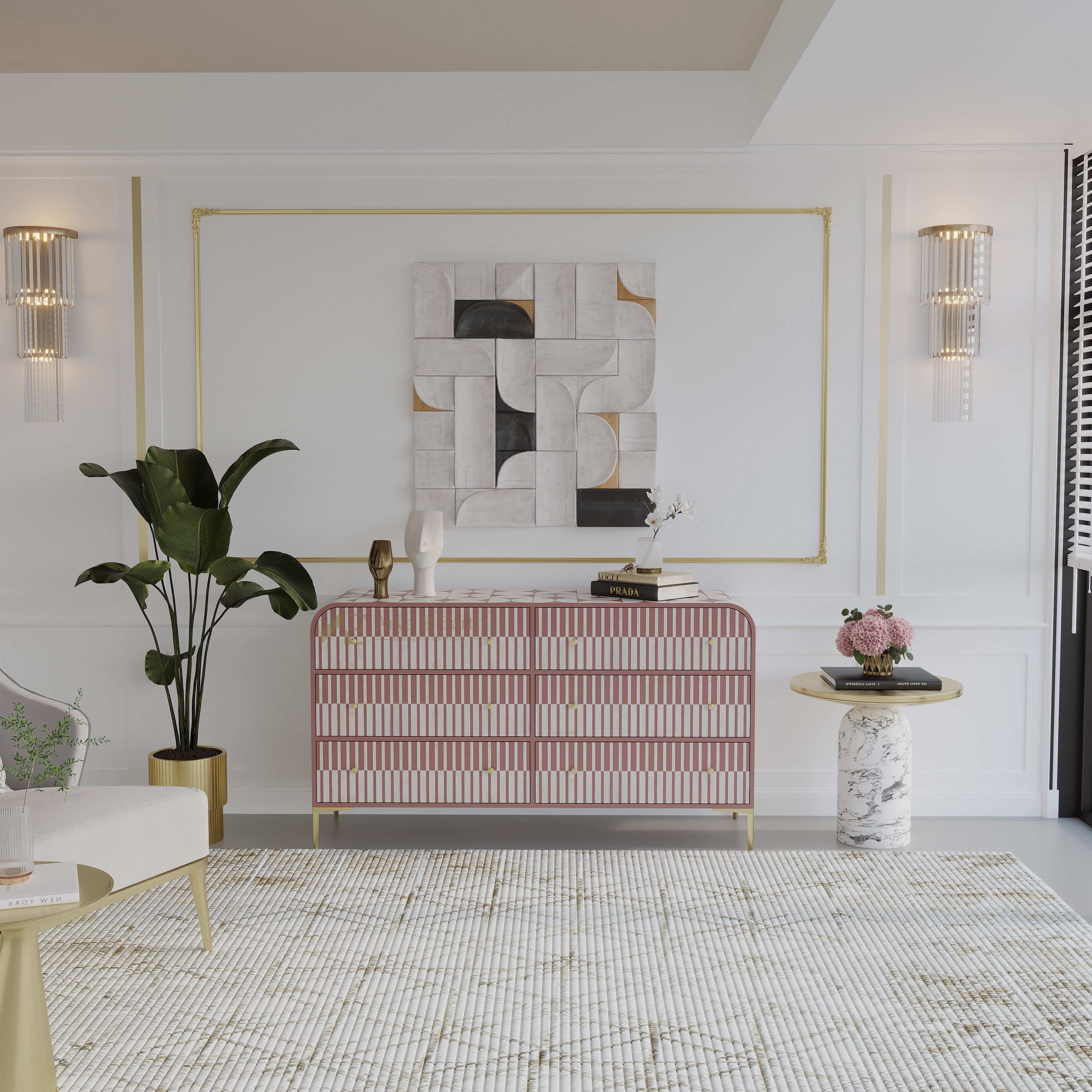 Modern living room with a geometric sideboard, abstract art, and decorative elements.