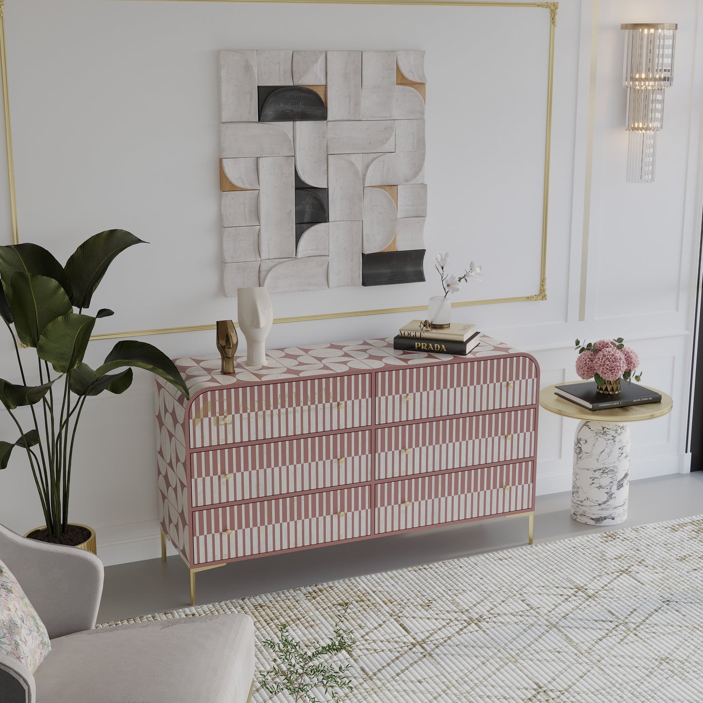 Modern living room with a patterned chest of drawers, abstract art, and decorative items.