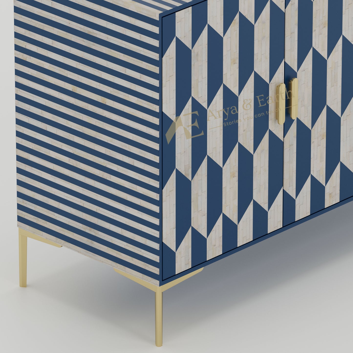 closeup of bone inlay geometric cabinet with gold accents