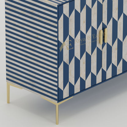 closeup of bone inlay geometric cabinet with gold accents
