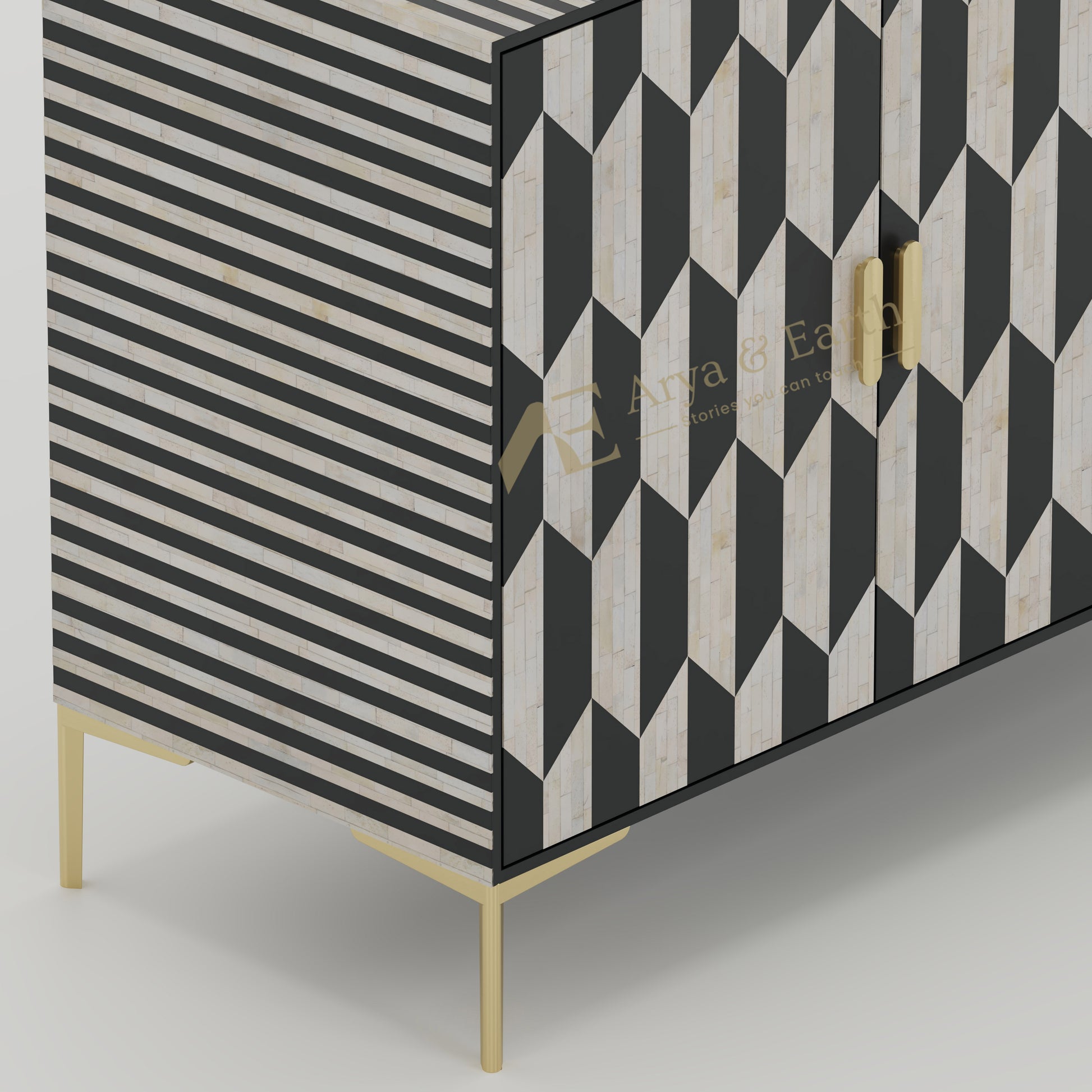 closeup of bone inlay black & white buffet golden accents