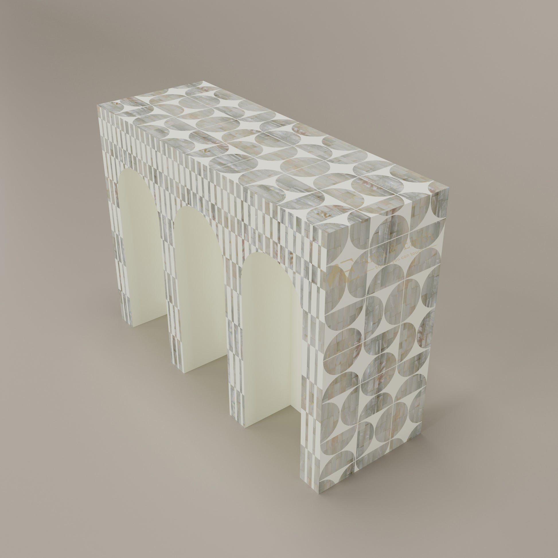 arched console table white geometric pattern