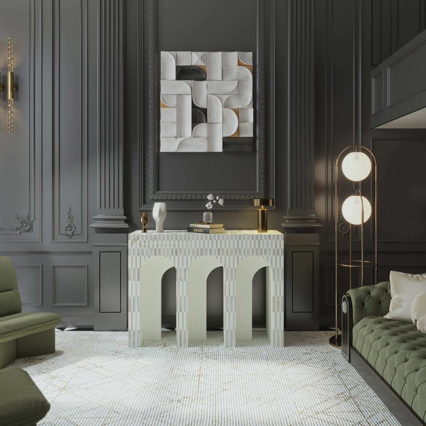 Art Deco style Modern living room with mother of pearl inlay white geometric console table, and abstract wall art.
