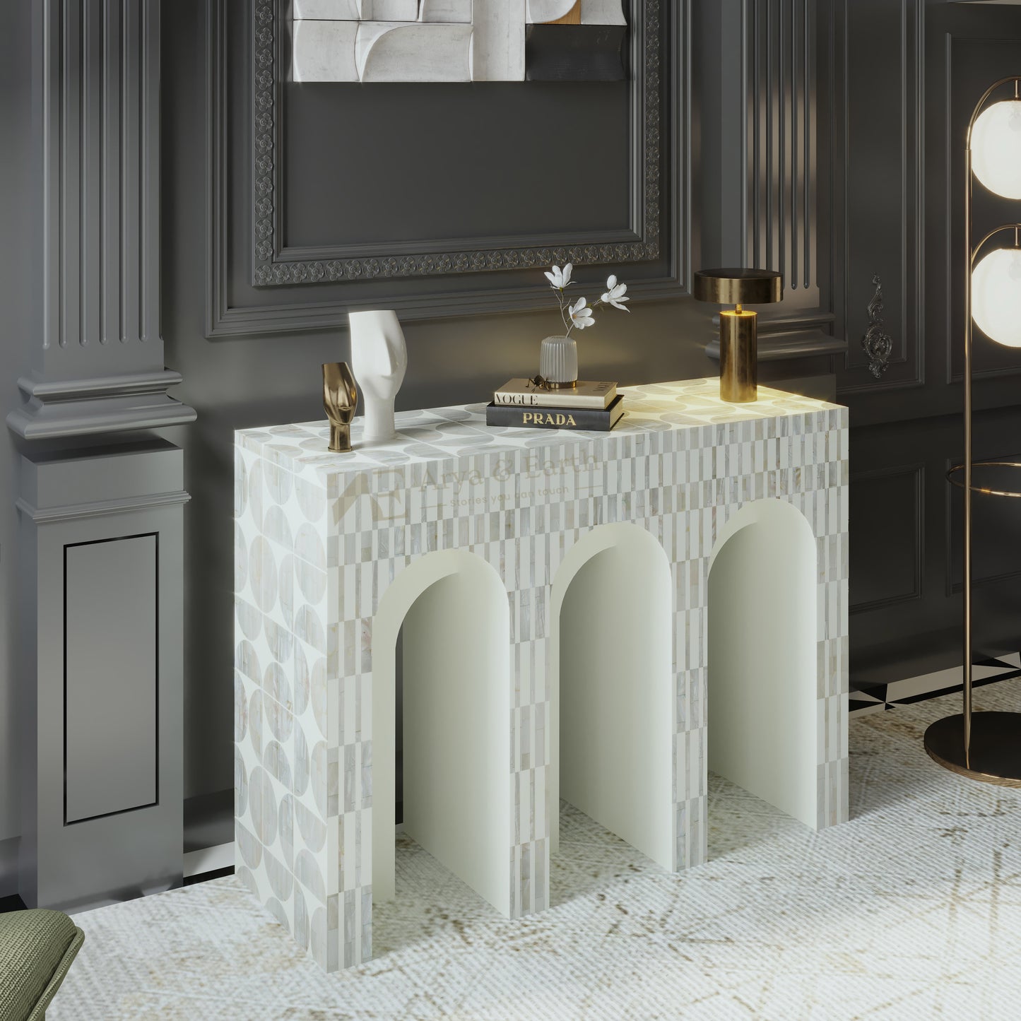 white mother of pearl arch console table with geometric design in a stylish room.