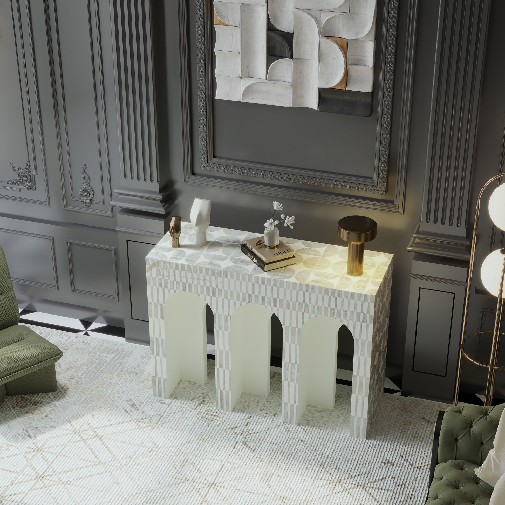 white arched mother of pearl inlay hallway table with geometric design in a stylish room.