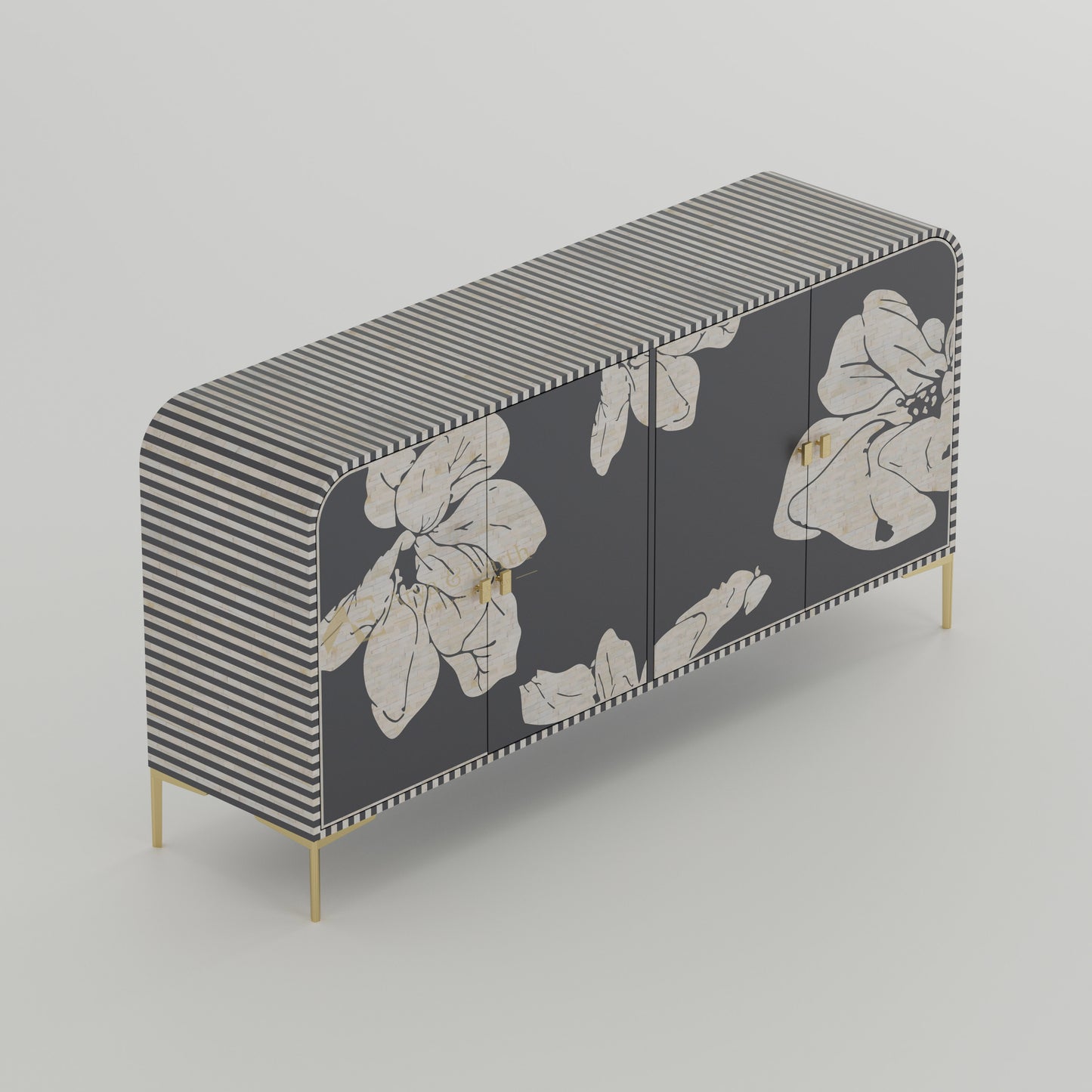 Bone inlay handmade grey Cabinet with floral and stripe design, gold accents