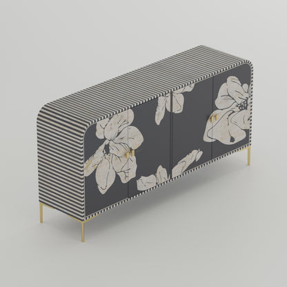 Bone inlay handmade grey Cabinet with floral and stripe design, gold accents