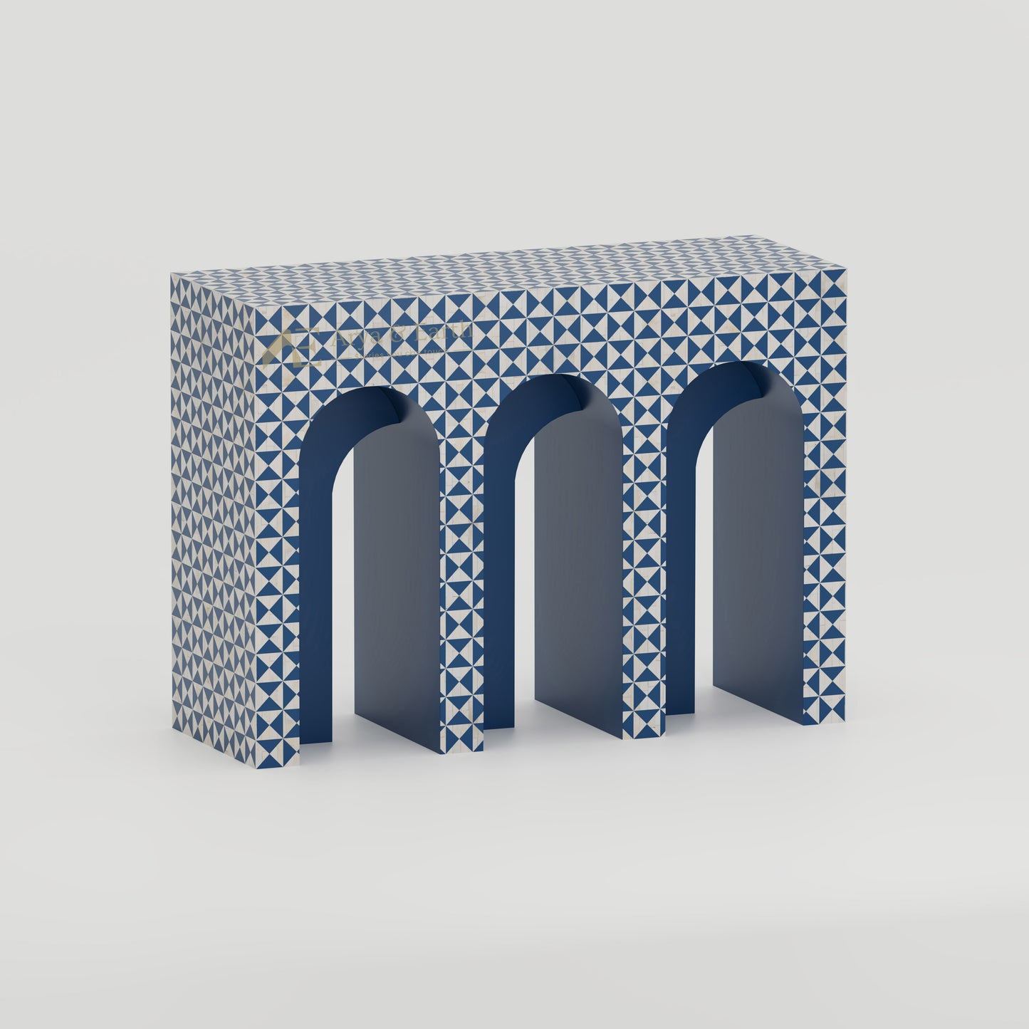 Bone Inlay luxury arched hallway table with blue geometric pattern