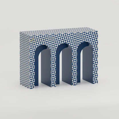 Bone Inlay luxury arched hallway table with blue geometric pattern