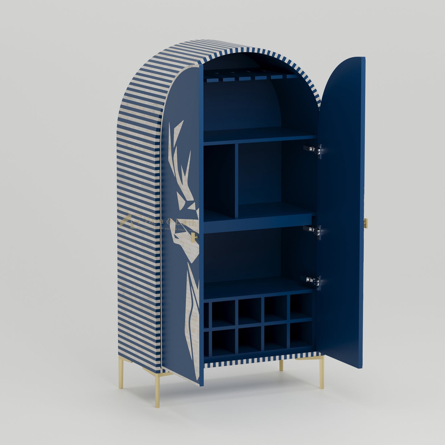 Blue bar cabinet with open doors revealing extendable shelves and wine bottle racks