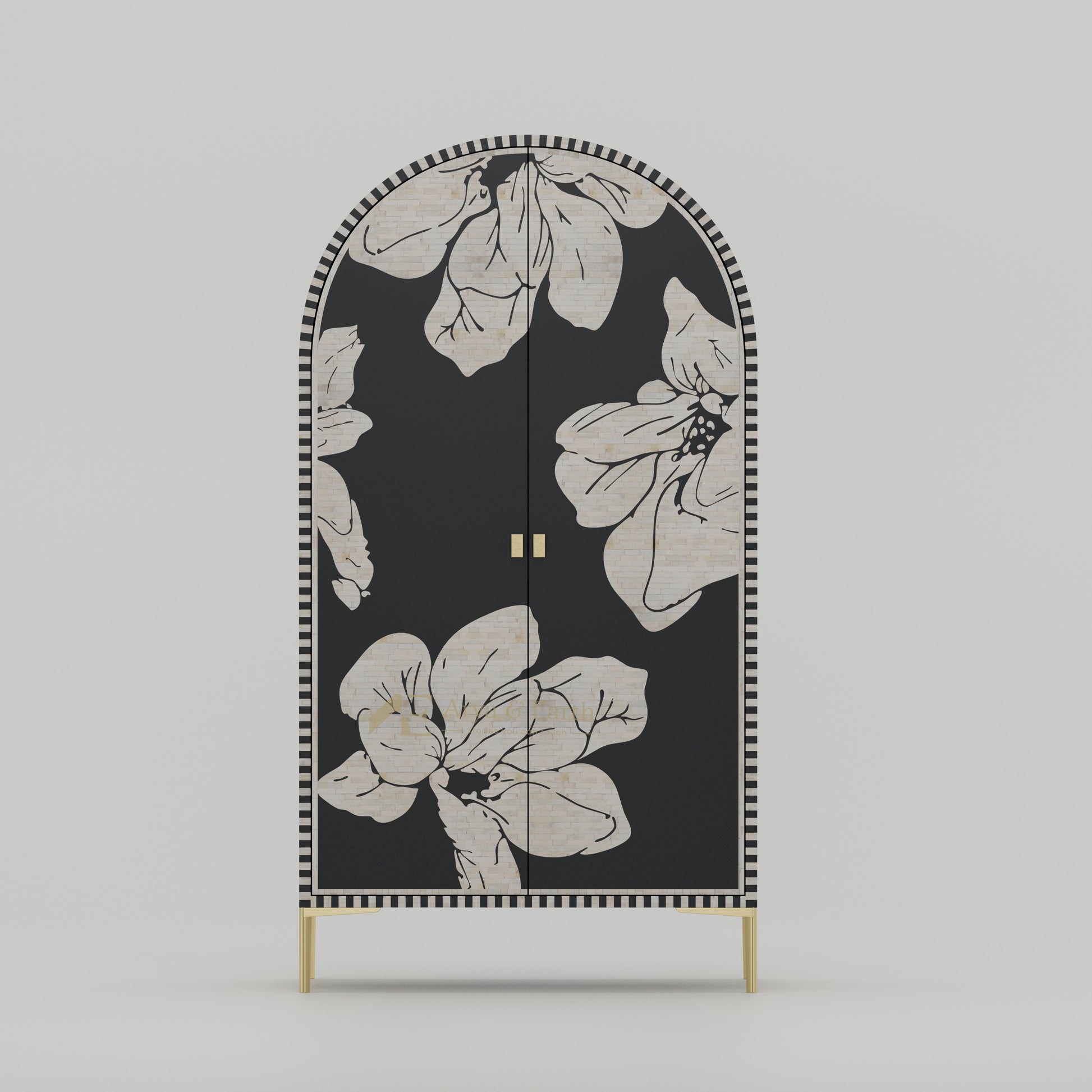 Bone inlay black arched cabinet floral