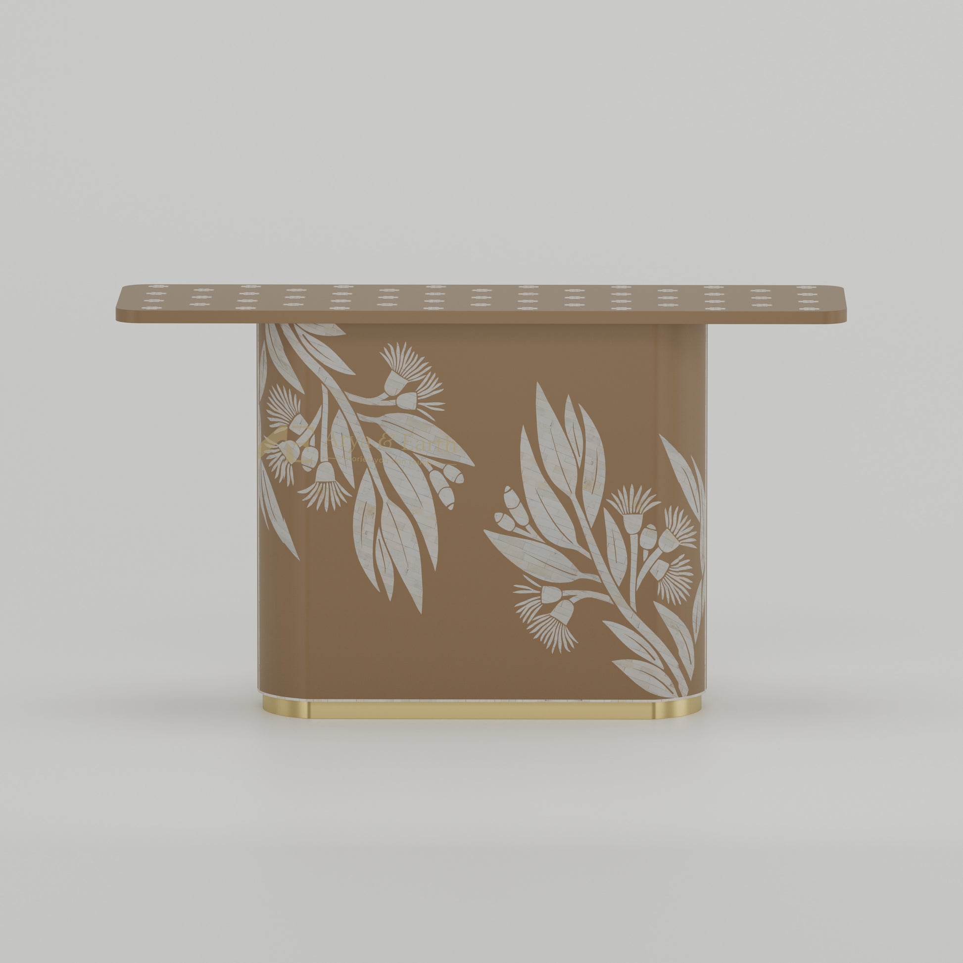 Bone inlay beige console table with white floral patterns and golden base