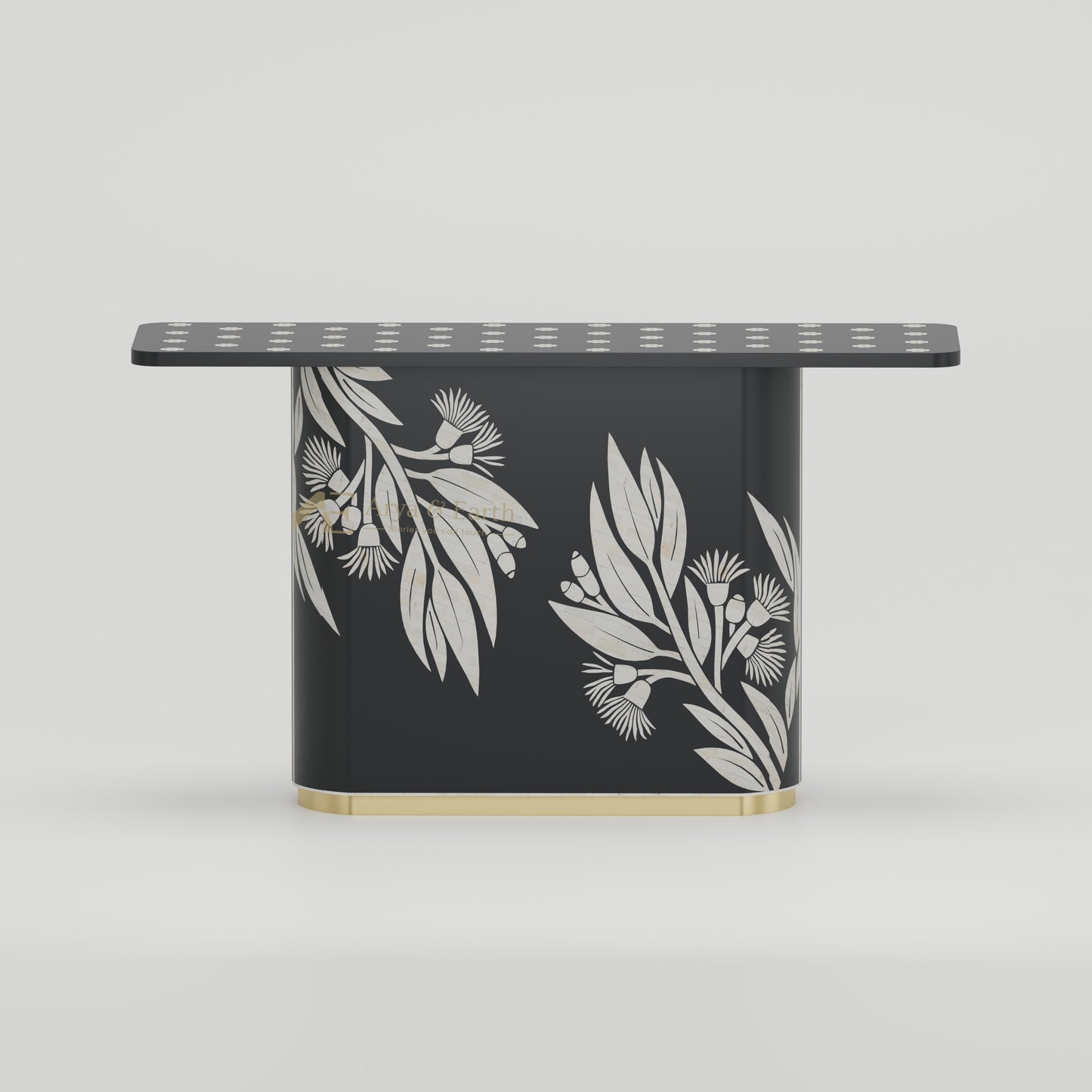 Bone Inlay Black console table with floral patterns golden base