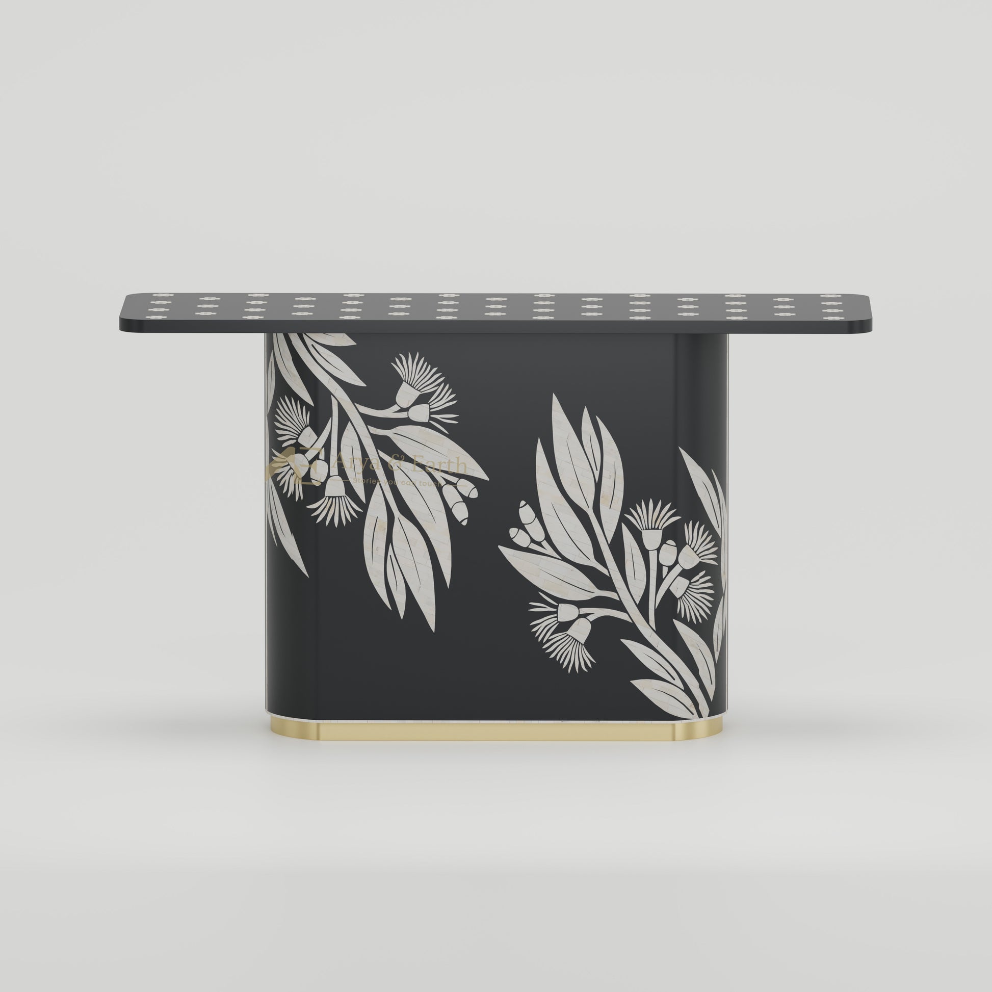 Bone Inlay Black console table with floral patterns golden base