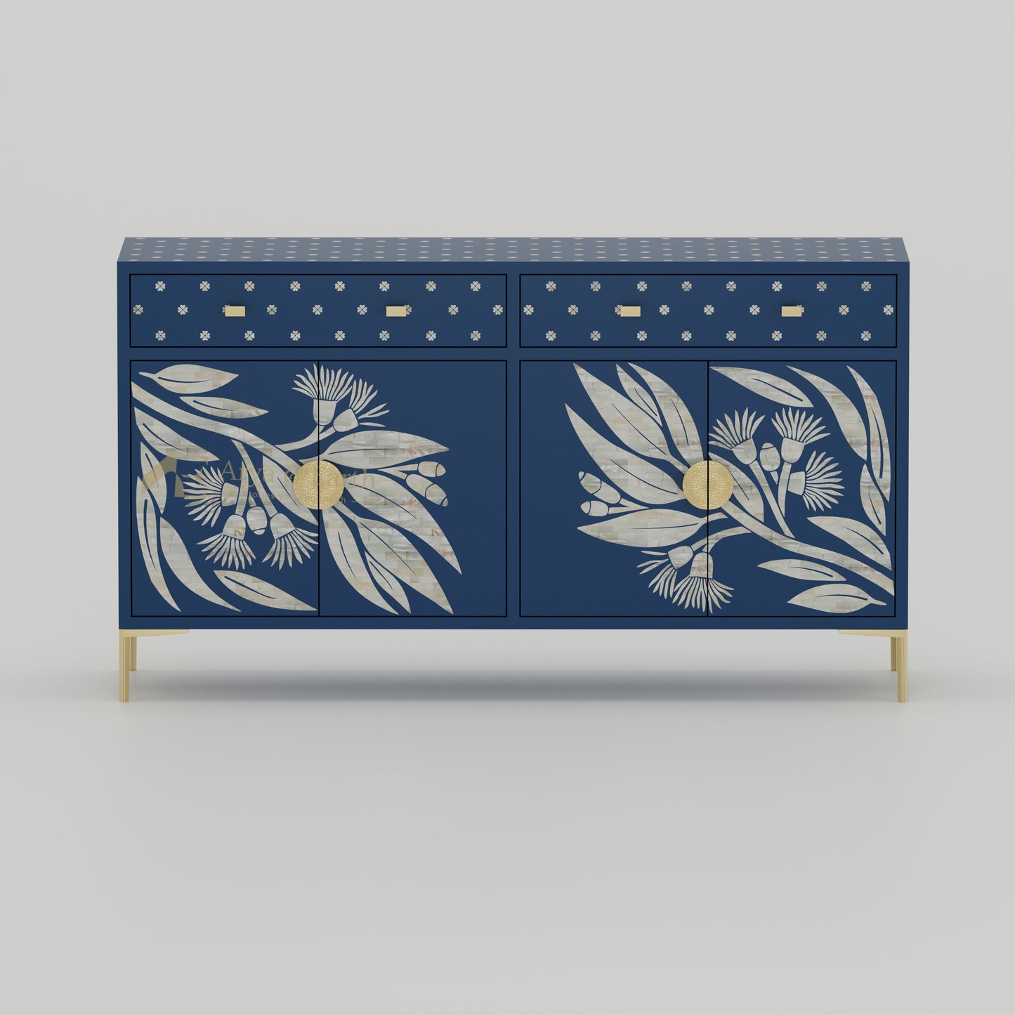 Blue buffet cabinet with floral mother of pearl pattern